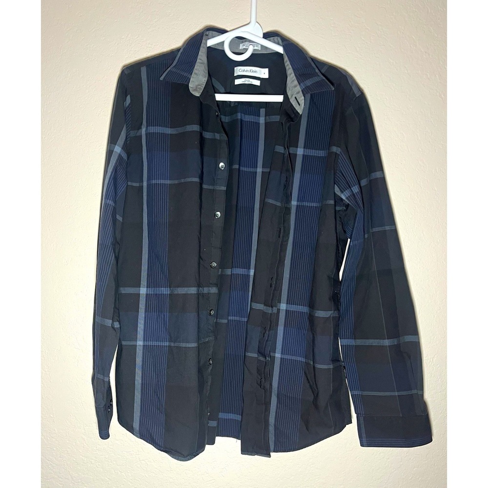 Calvin Klein Slim Fit M Black Blue Gray Plaid Cotton Point Collar Shirt